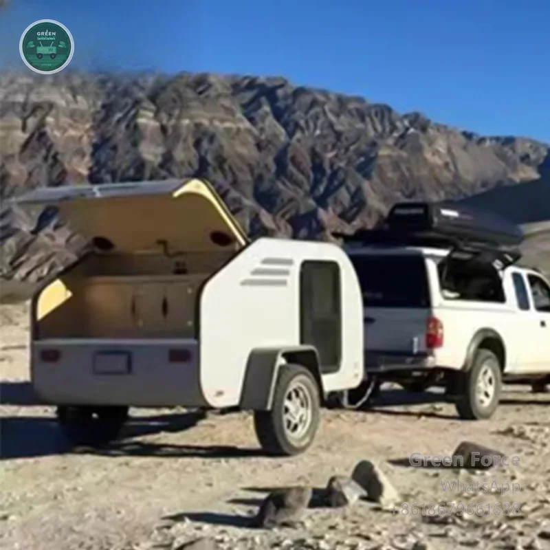 Mini Teardrop Camper Trailer for Off-Road Camping, Fiberglass Body, Lightweight Expandable RV for 2 People