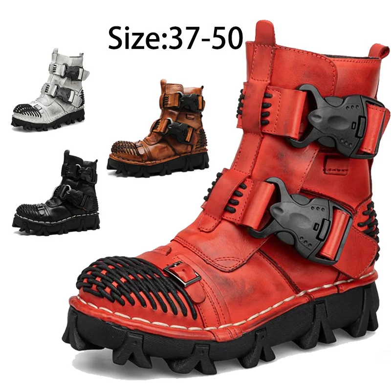 Fashion Men\'s Genuine Leather Buckle Strap Motorcycle Boots Winter Riding Boots Tactical Gothic Skull Punk Mid-calf Boots Red