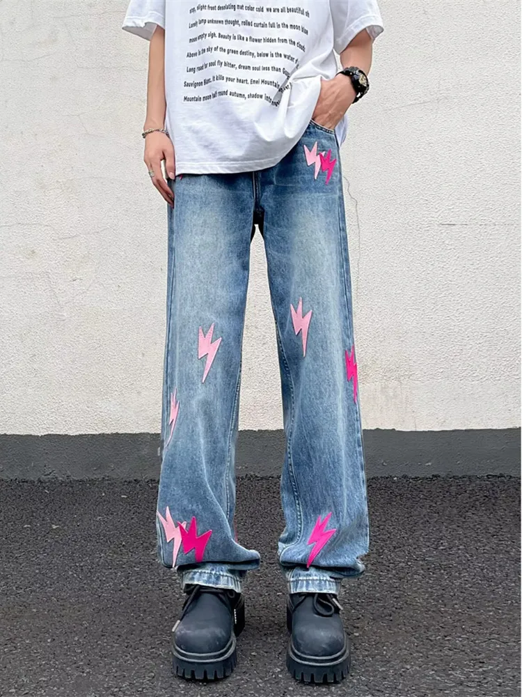 

2024 Ropa Y2K Fashion Lightning Embroidery Baggy New Jeans Pants For Men Clothing Streetwear Straight Denim Trousers Pantalones