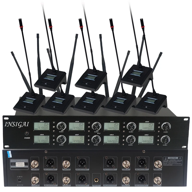 Professional 8 Channel Wireless Uhf Microphone Long Range Desktop Gooseneck Tabletop Stand 8 Channel Wireless Microphone System