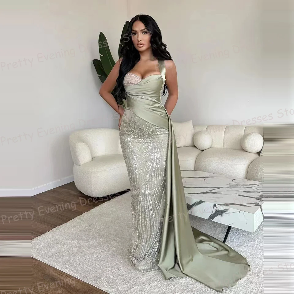 Sparkling Celebrity Woman's Evening Dresses Sexy Appqiques Prom Growns Mermaid Sleeveless Strapless Satin Fashion Party Vestidos