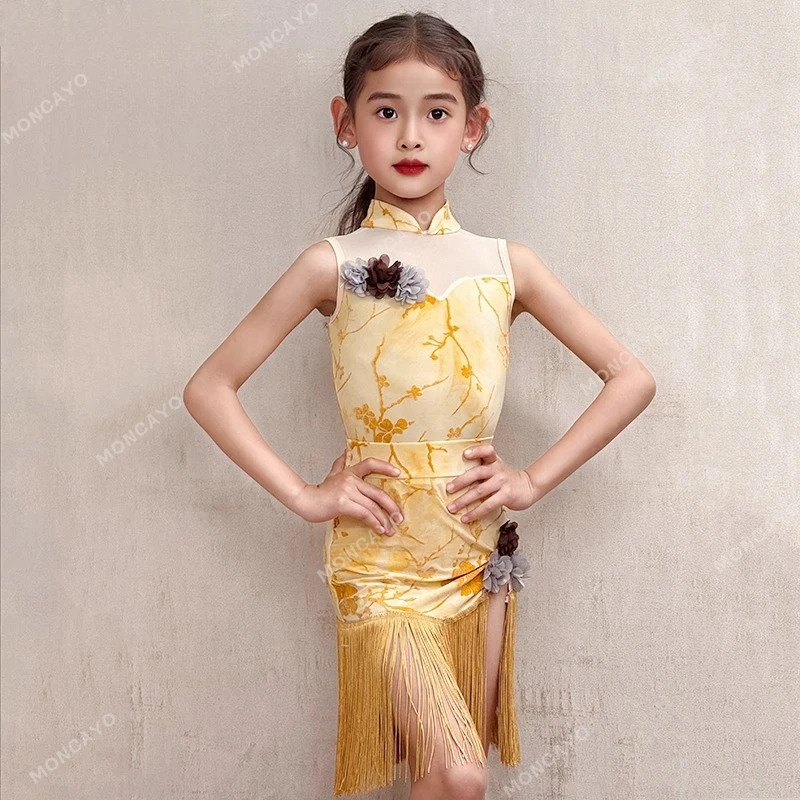 Cha Cha Rumba Costume da ballo latino per ragazze Abito da ballo salsa con frange Vestito da ballo per ragazze tango Vestito da pratica latino standard per bambini