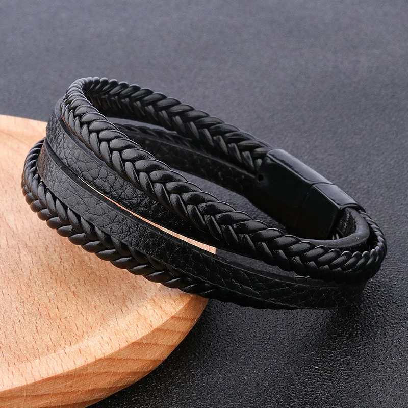 Original trinkets men's jewelry handmade braided leather rope bracelets popular diy alloy magnetic clasp leather bracelet