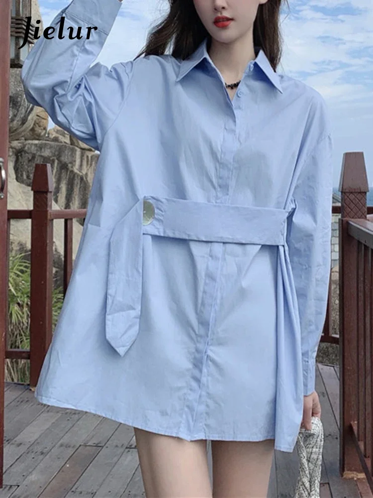 

Jielur Stylish Blue White Office Ladies Shirts Blouse Women Loose Casual Korean Fashion Shirts Long Sleeve Button Blusa Mujer