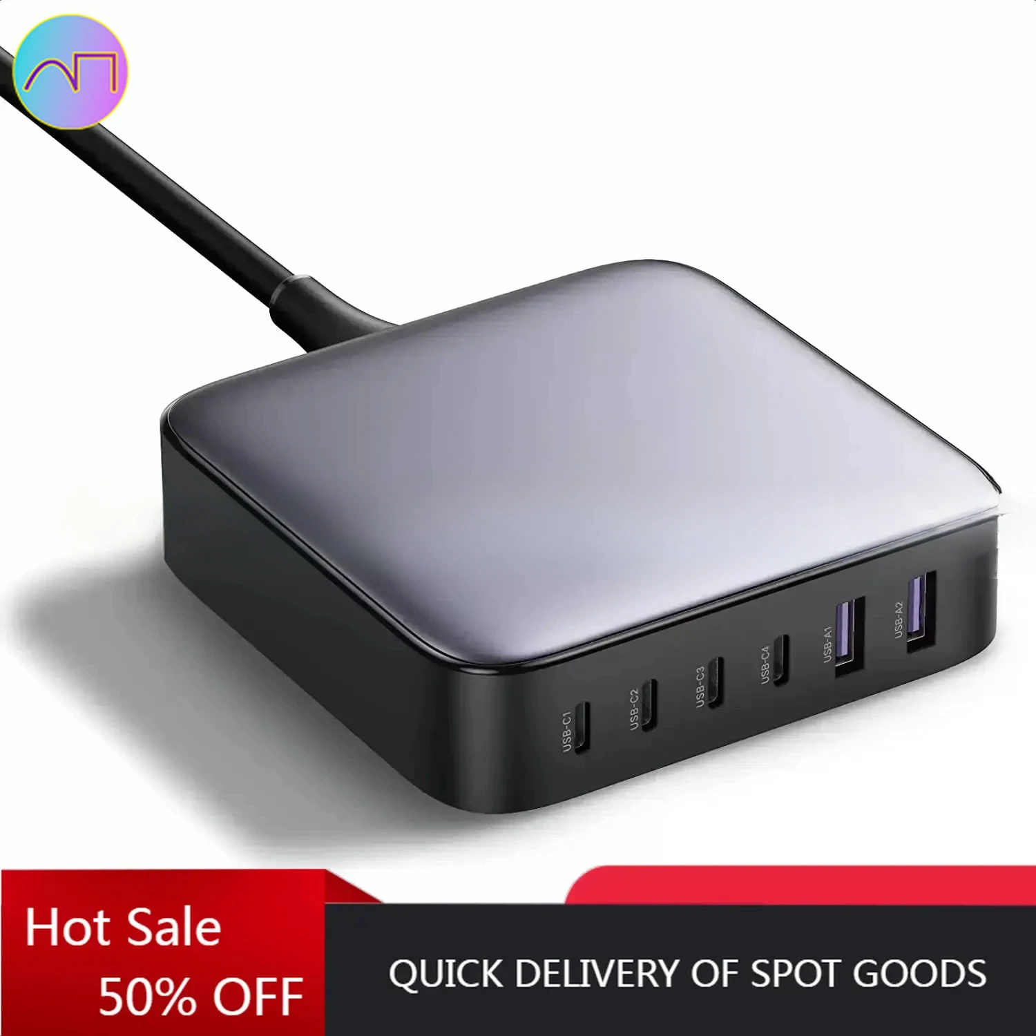

Chargers Adapters 100W 200W USB C Desktop Charger 6 Ports Fast Charger with 3FT USB C to C Charging Cable