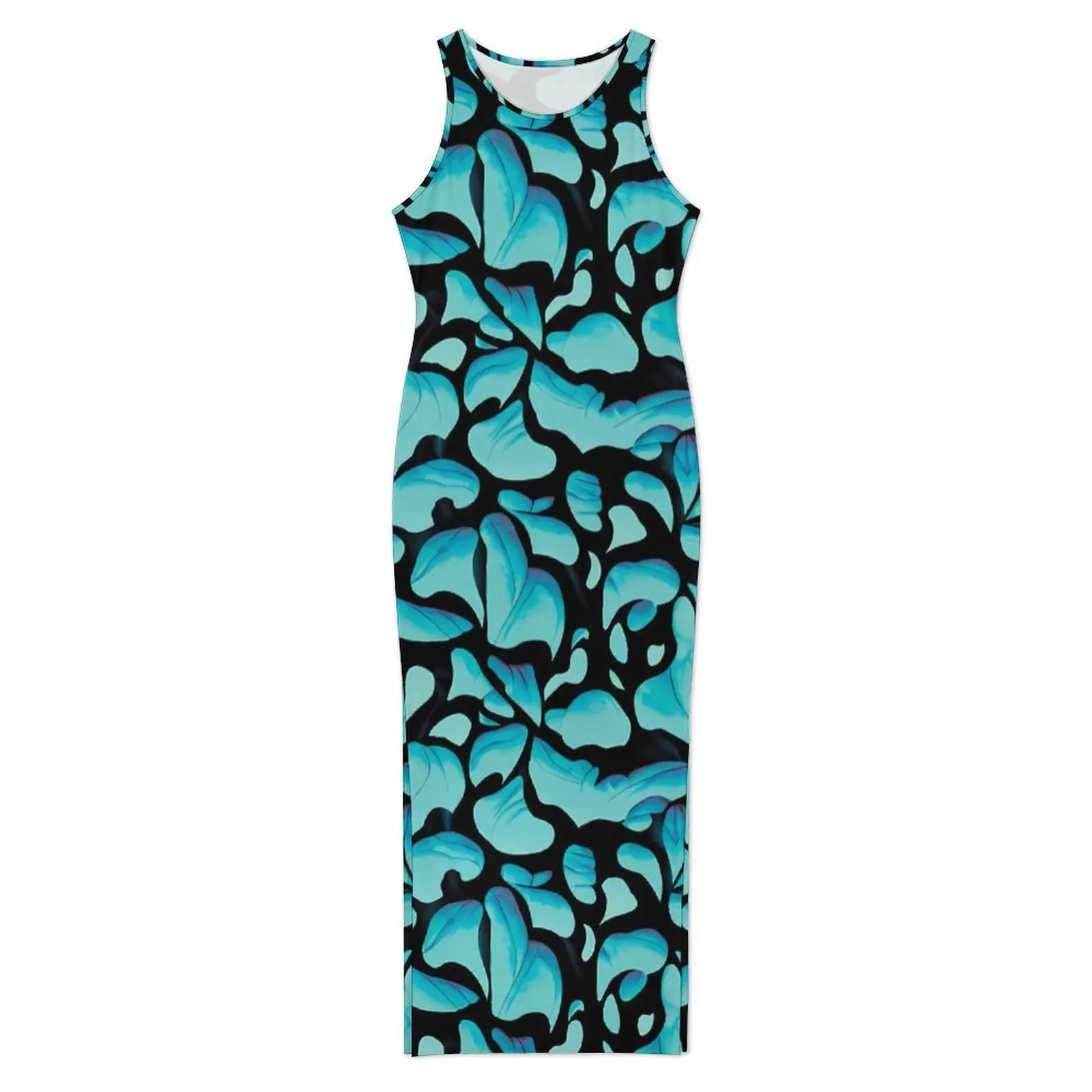 Blue Leaf Print Dress Sleeveless Abstract Leaves Street Fashion Maxi Dresses Elegant Bodycon Dress Graphic Oversized Clothes