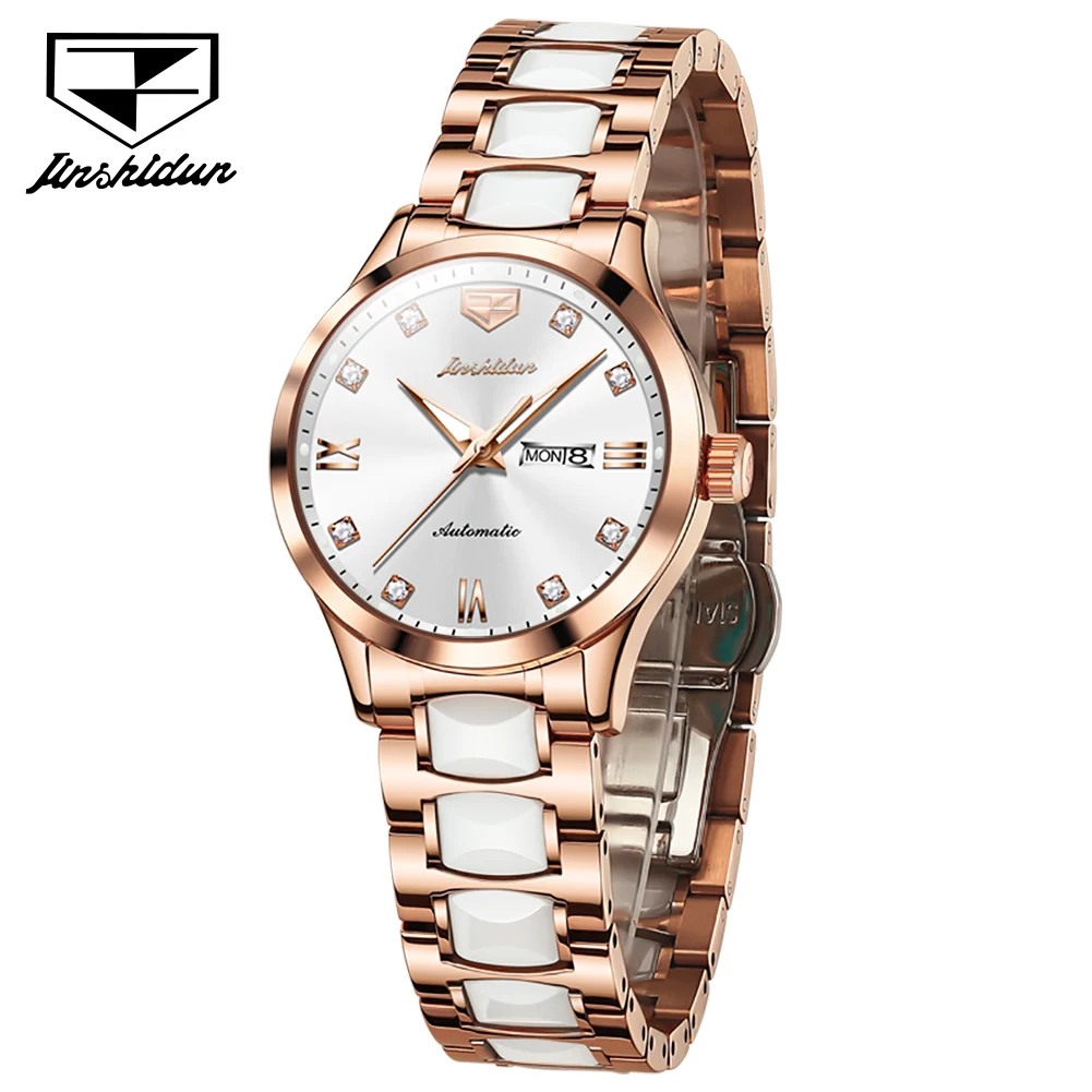 JSDUN Women's Watches Luxury Elegant Ceramic Strap Original Automatic Mechanical Wristwatch Waterproof Luminous Date Week 8947
