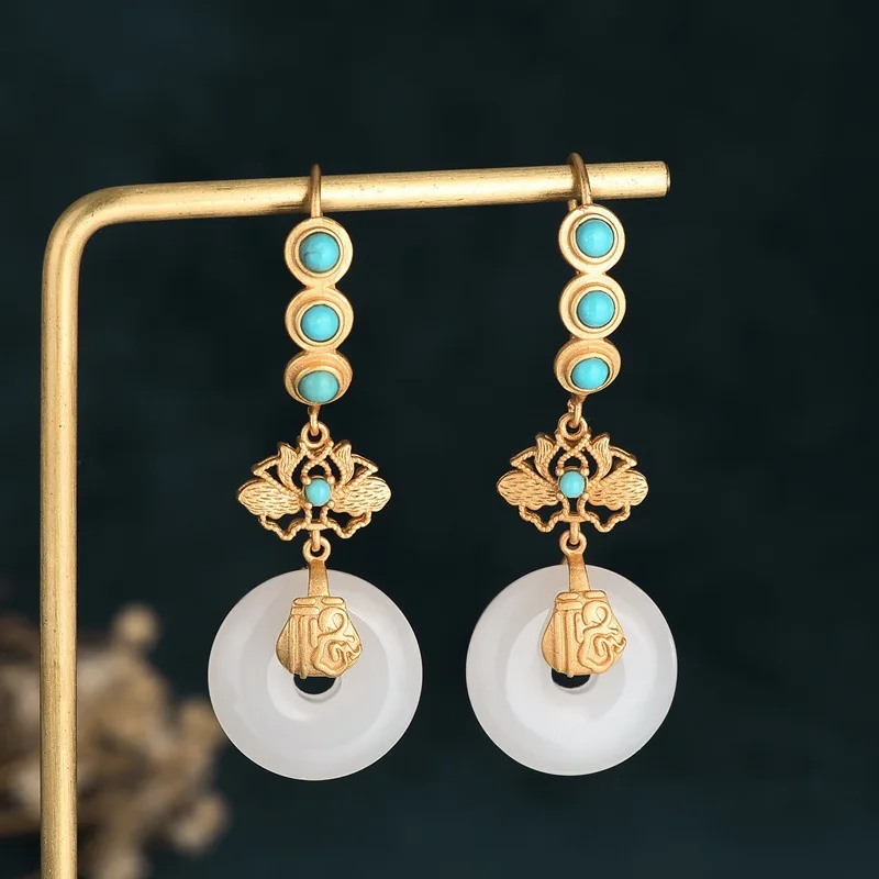 

China Style Ear Hook Earrings for Women Jewelry Gold Plated Copper Alloy Butterfly Inlaid Turquoise White Jade Pendant Earrings