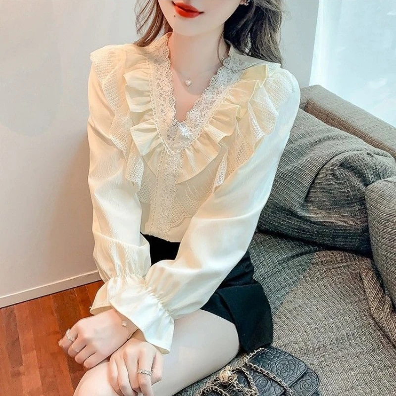 

Дизайнерская шифоновая блузка женская с длинным рукавом, кружевными оборками, нишевая мода, весна-осень, топ