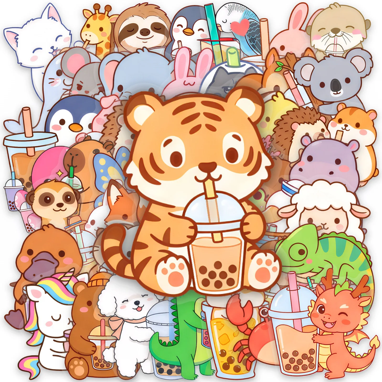 50 PCS PET Transparent Cartoon Super Cute Animal Drinking Milk Tea Waterproof Stickers Decorate Water Cup Scrapbook Bike Decals