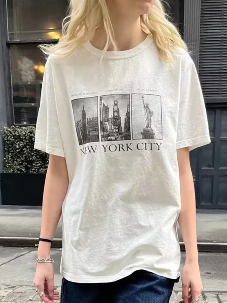 Casual Women Soft Cotton White NEW YORK CITY Printed Loose Tees 2023 Summer Vintage O Neck Short Sleeves Female Tops Chic