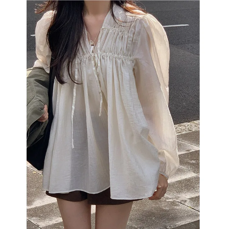 

Весна 2026, новая корейская свободная блузка с v-образным вырезом, плиссированная однотонная шифоновая блузка Bubble Sve irt, женская модная блузка для поездок на работу