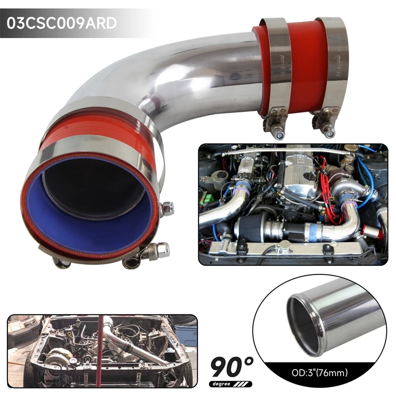 

90Deg 76mm 3" Aluminum Intercooler Piping pipe Tube+Silicone hose w/ T-clamps Black/Blue/Red