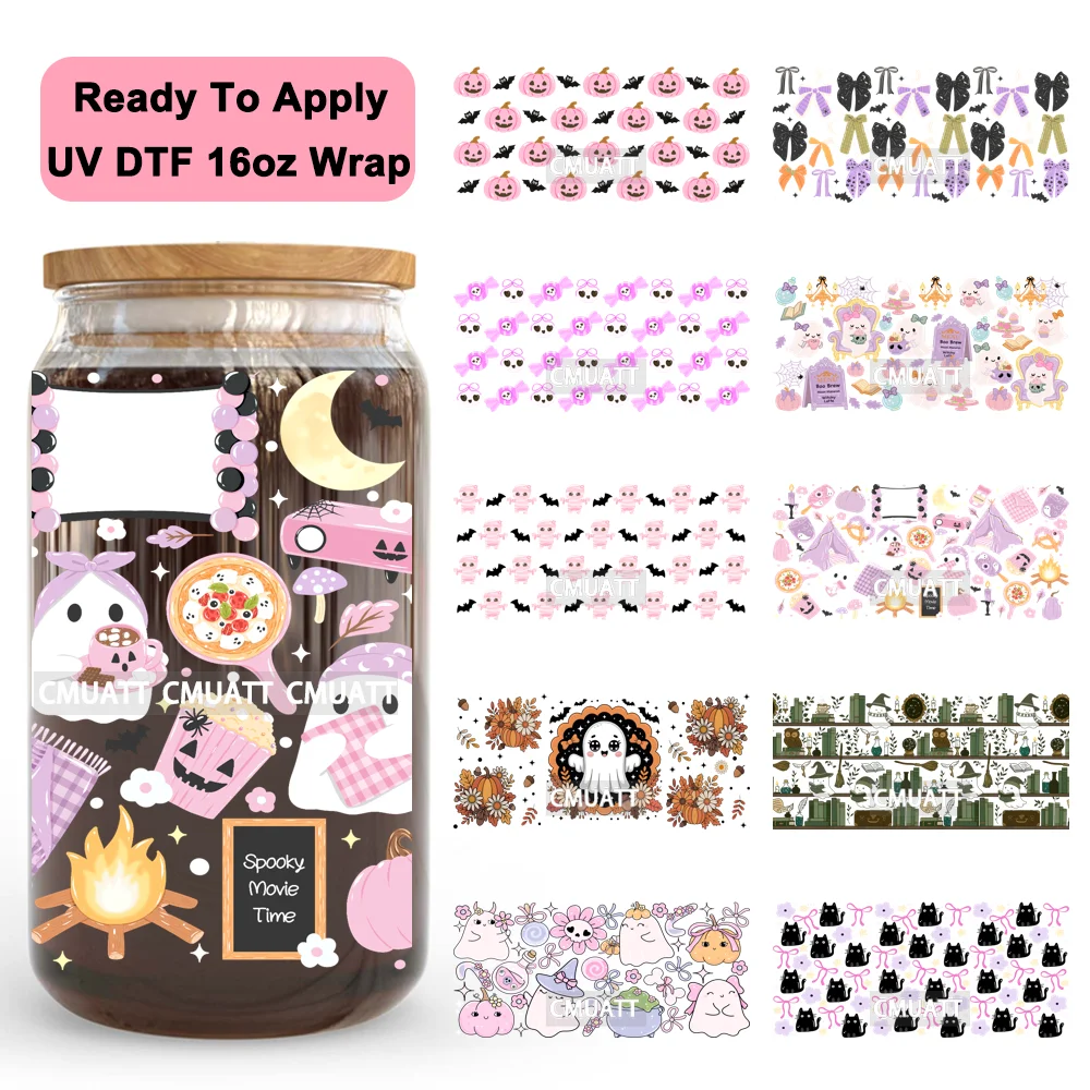 

Cute Boo Ghouls Coquette Spooky Halloween UV DTF Wraps Transfer Sticker Waterproof Custom Logo For 16OZ Libbey Glass Can Tumbler