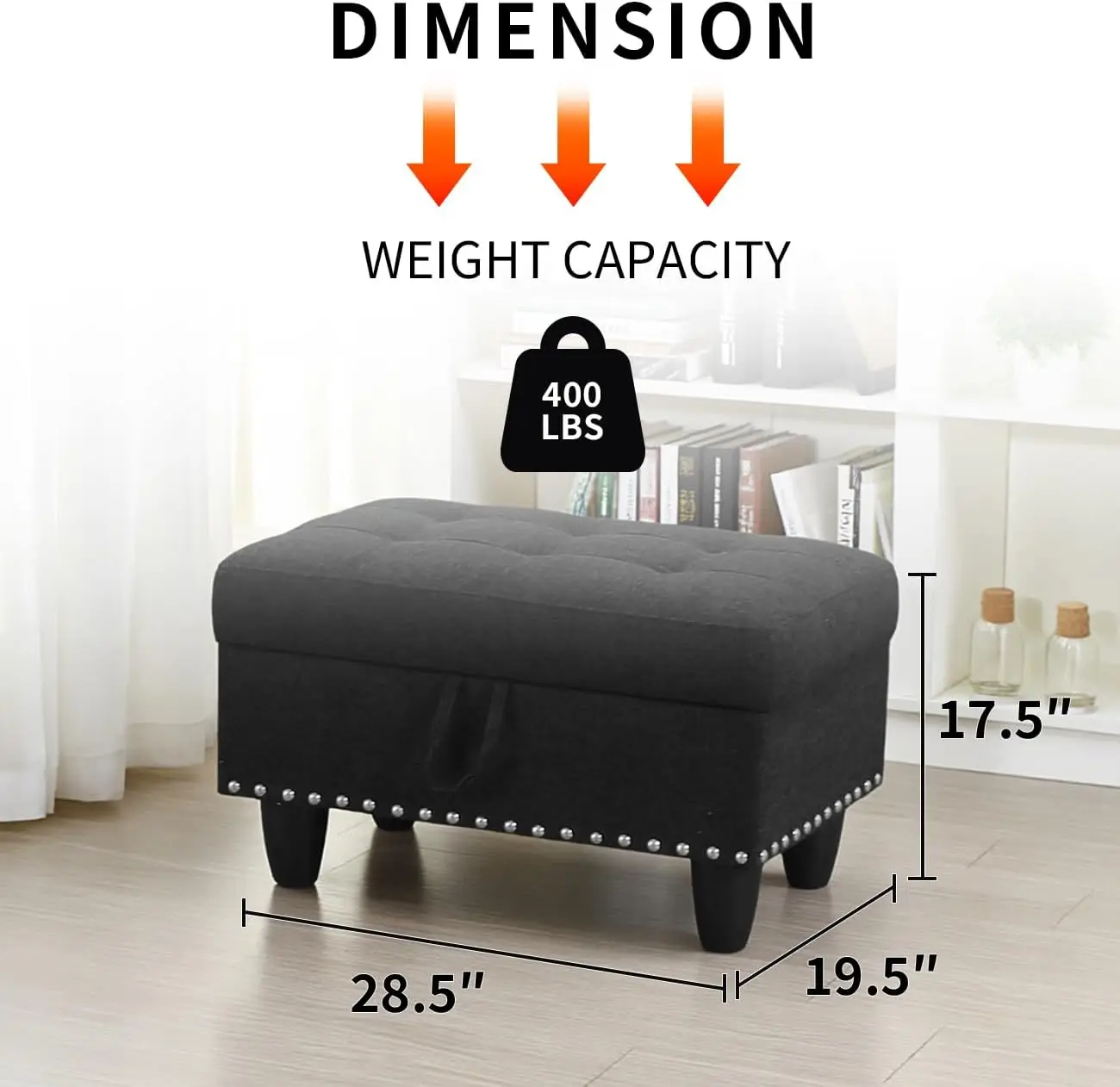 28.5 Inch Square Storage Ottoman, Large Retro Rivet Footstool Bench & Coffee Table with Thick Cushion, Black Linen Upholstered Accent Furniture for Entryway Living Room Bedroom Home Decor RV Car
