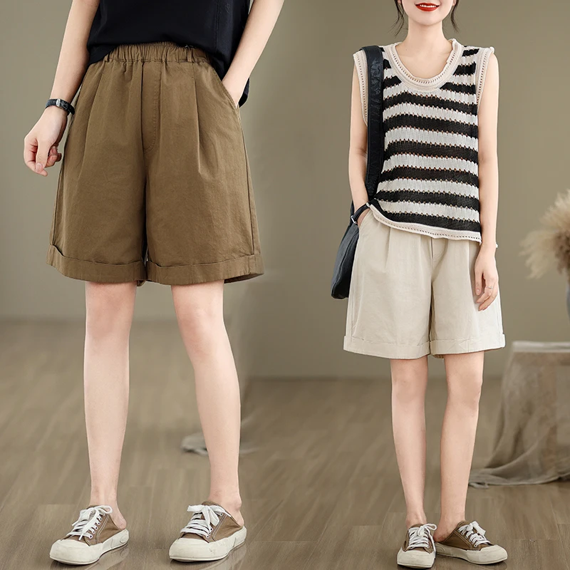 

Новые летние корейские хлопковые женские брюки с эластичной резинкой на талии, простые повседневные брюки Five-Quarter, универсальные