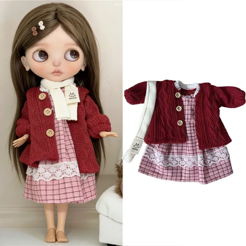 For Blythe Doll Clothes Princess Lace Maid Skirt Set Cartoon Cat Plaid Pants Vintage Dress Clothing OB24 OB22 1/6 Accessories