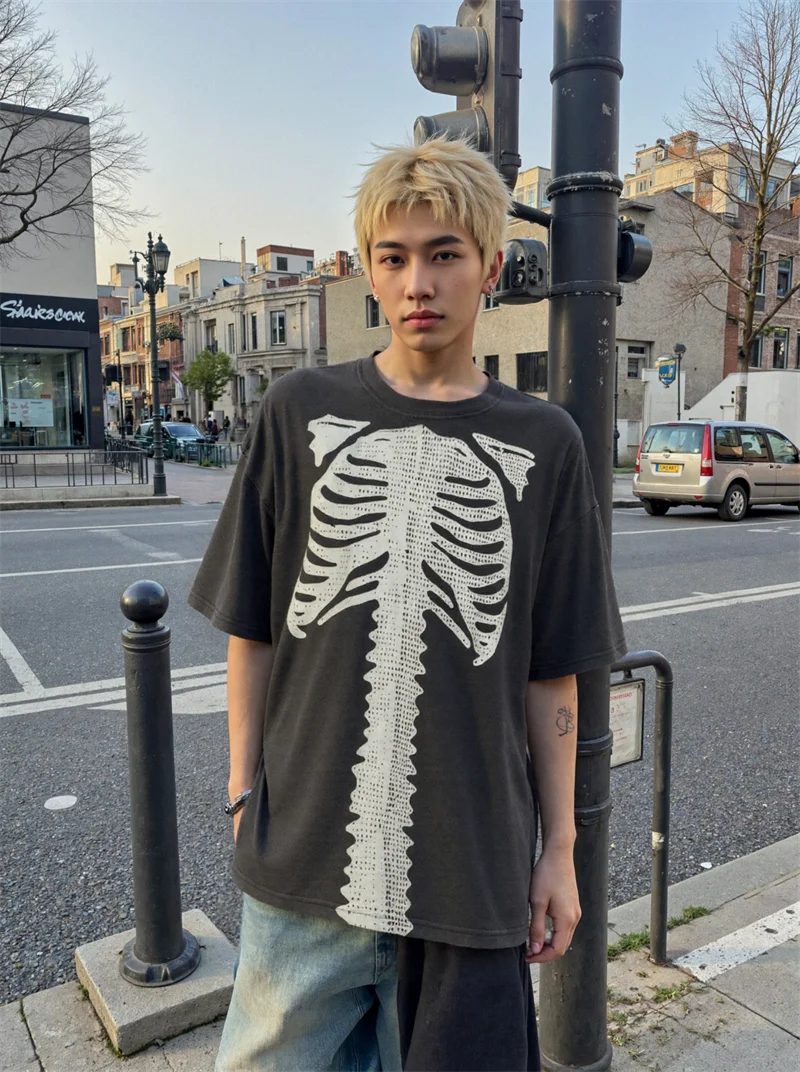 

Винтажная летняя новая футболка с рисунком скелета и принтом из чистого хлопка, повседневная свободная мужская футболка большого размера High Street