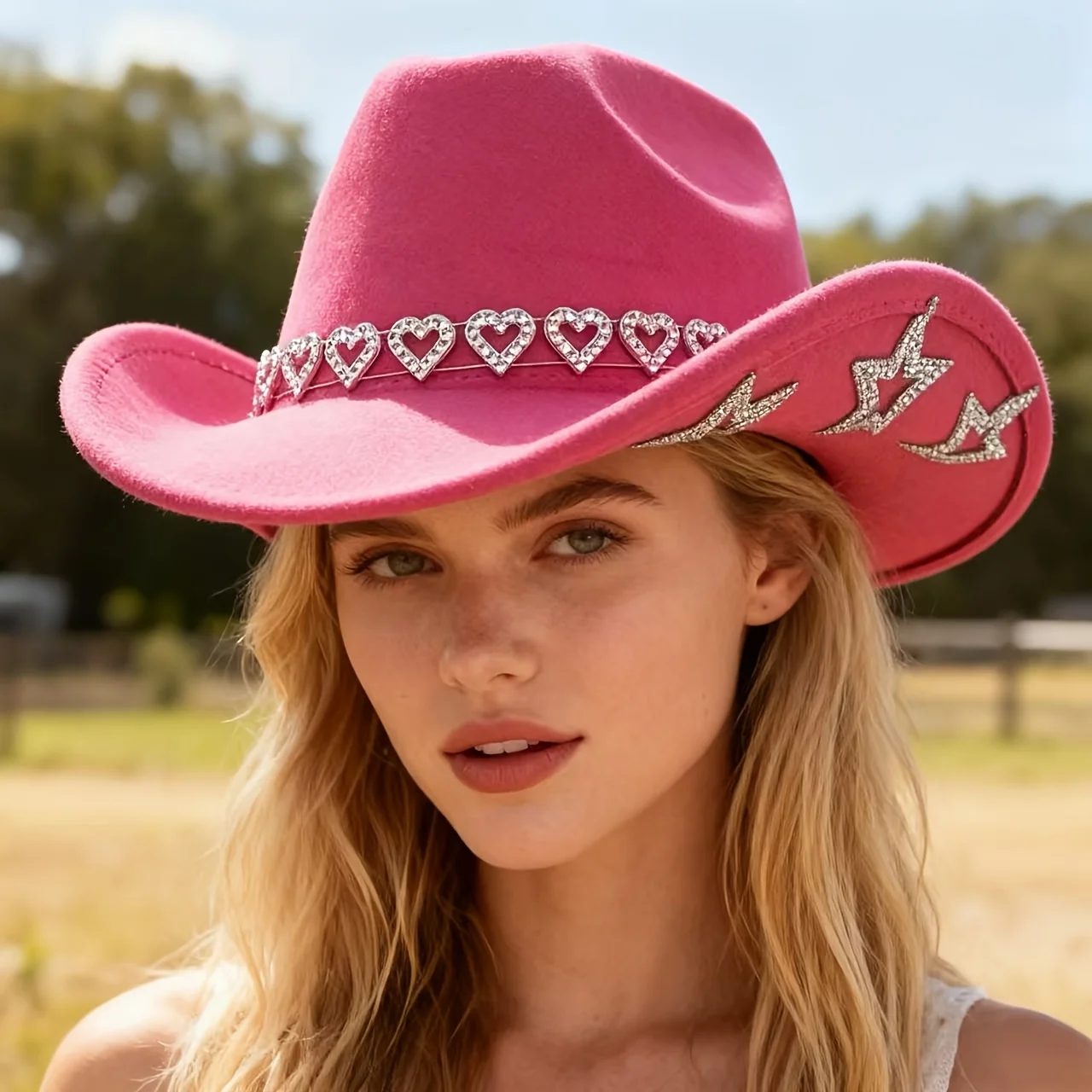 หมวกฮองหลวนสีชมพูประดับกลิตเตอร์สำหรับผู้ใหญ่และหมวกคาวบอยประดับคริสตัลสำหรับผู้หญิง, อุปกรณ์เสริมคอสเพลย์คาวบอยหญิงและหมวกคาวเกิร์ล