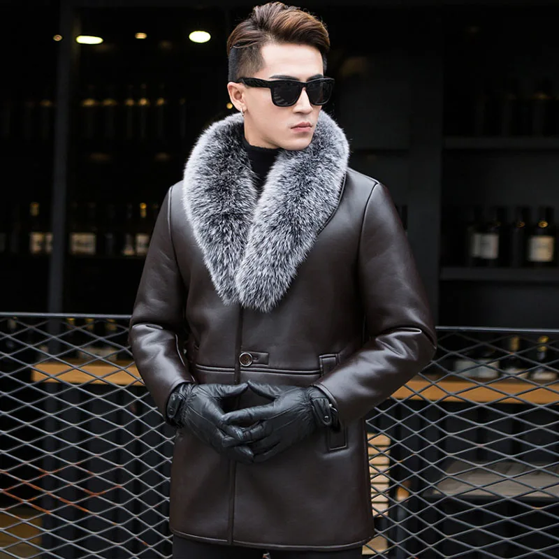 2022 Winter New Shearling Leather Elegant Long Coat Men's Fox Hair Collar Imitation Fur Design Luxury Trendy Thermal Jacket