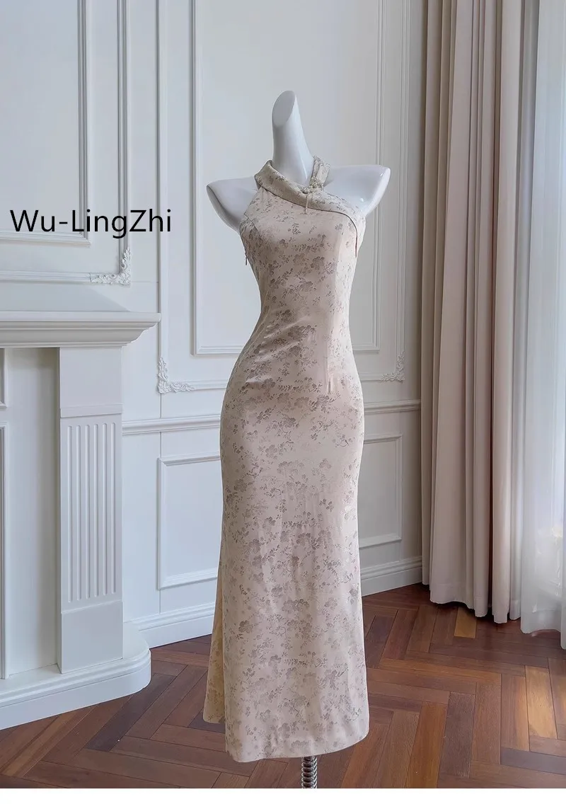 Wu-LingZhi-Vintage Chinese Style Off The Shoulder Dress for Ladies, Sexy Slim Choker Dresses, New Arrival