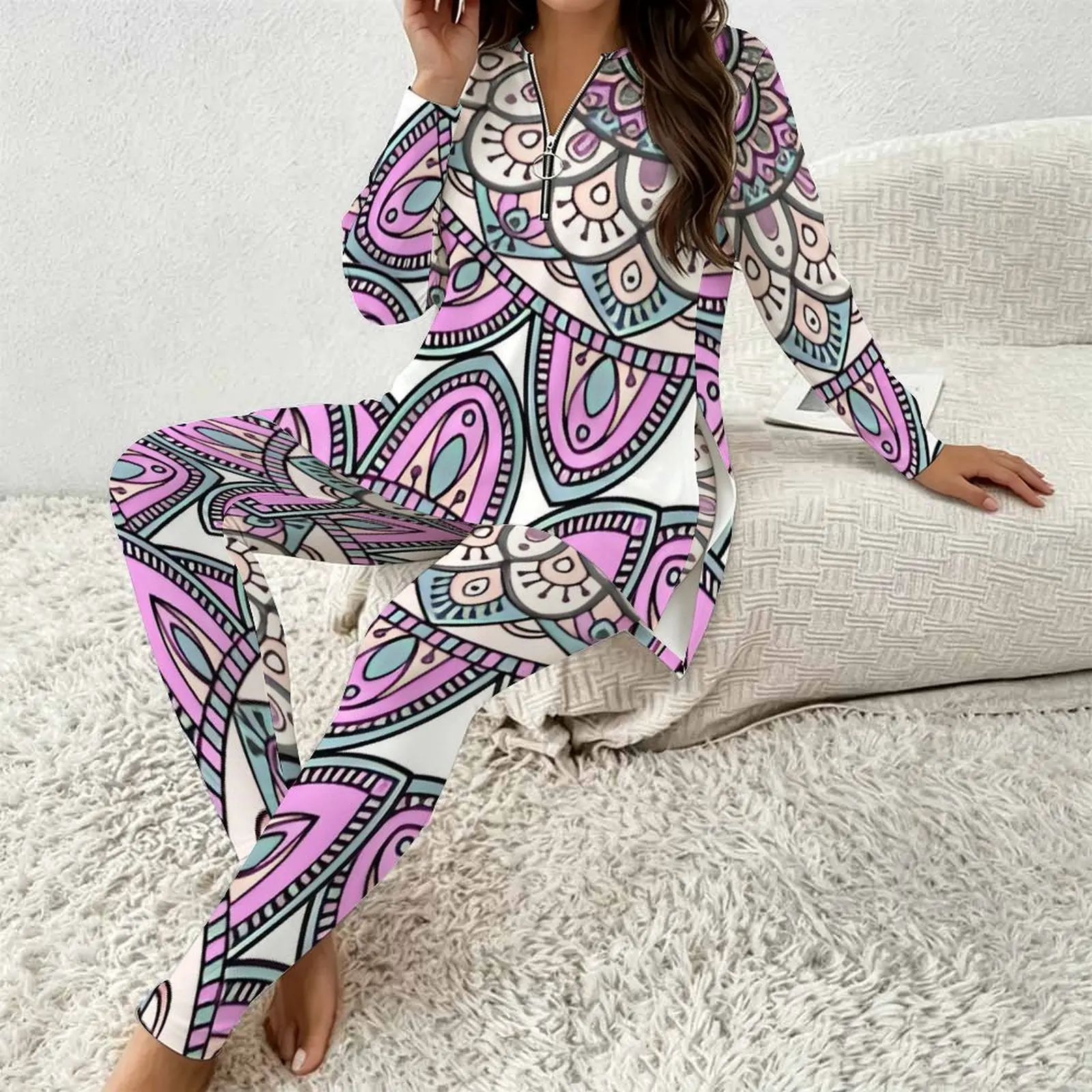 Fall Graphic Print Plus Size Sets Women V Neck Colorful Mandala Bohemian Plus Size Clothes Womens Clothing For Loungewear