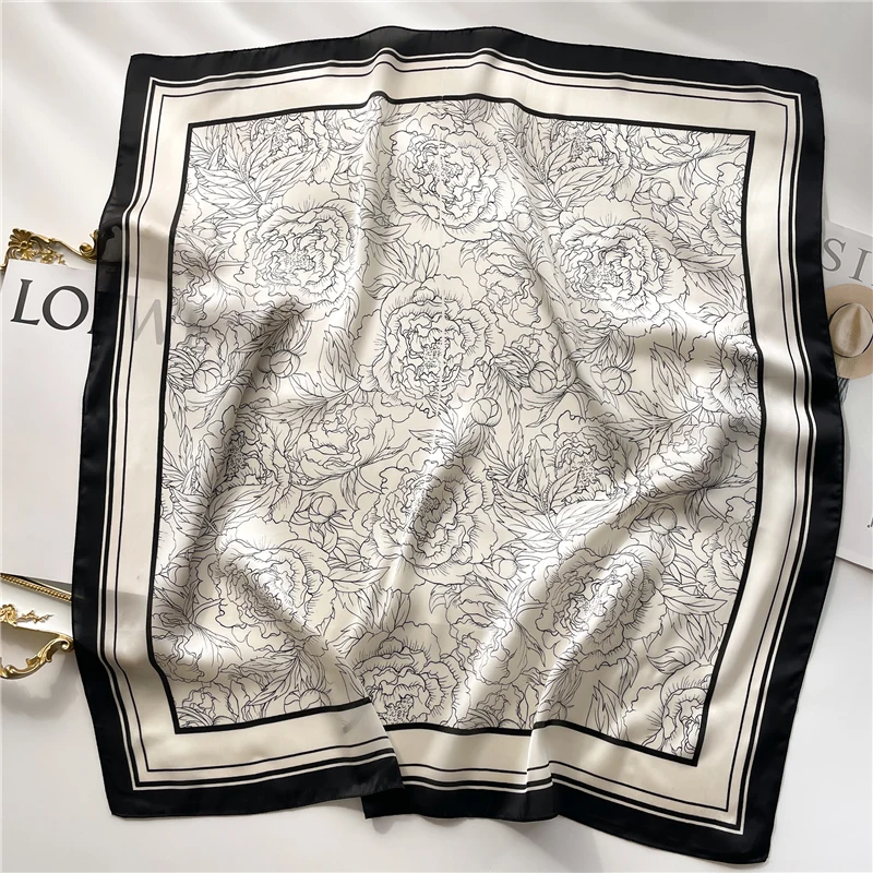 2024 Fashion Luxury Floral Print Square Silk Scarf for Women Hijab Hair Bands Neckerchief Female Satin Shawl Ribbon Headband