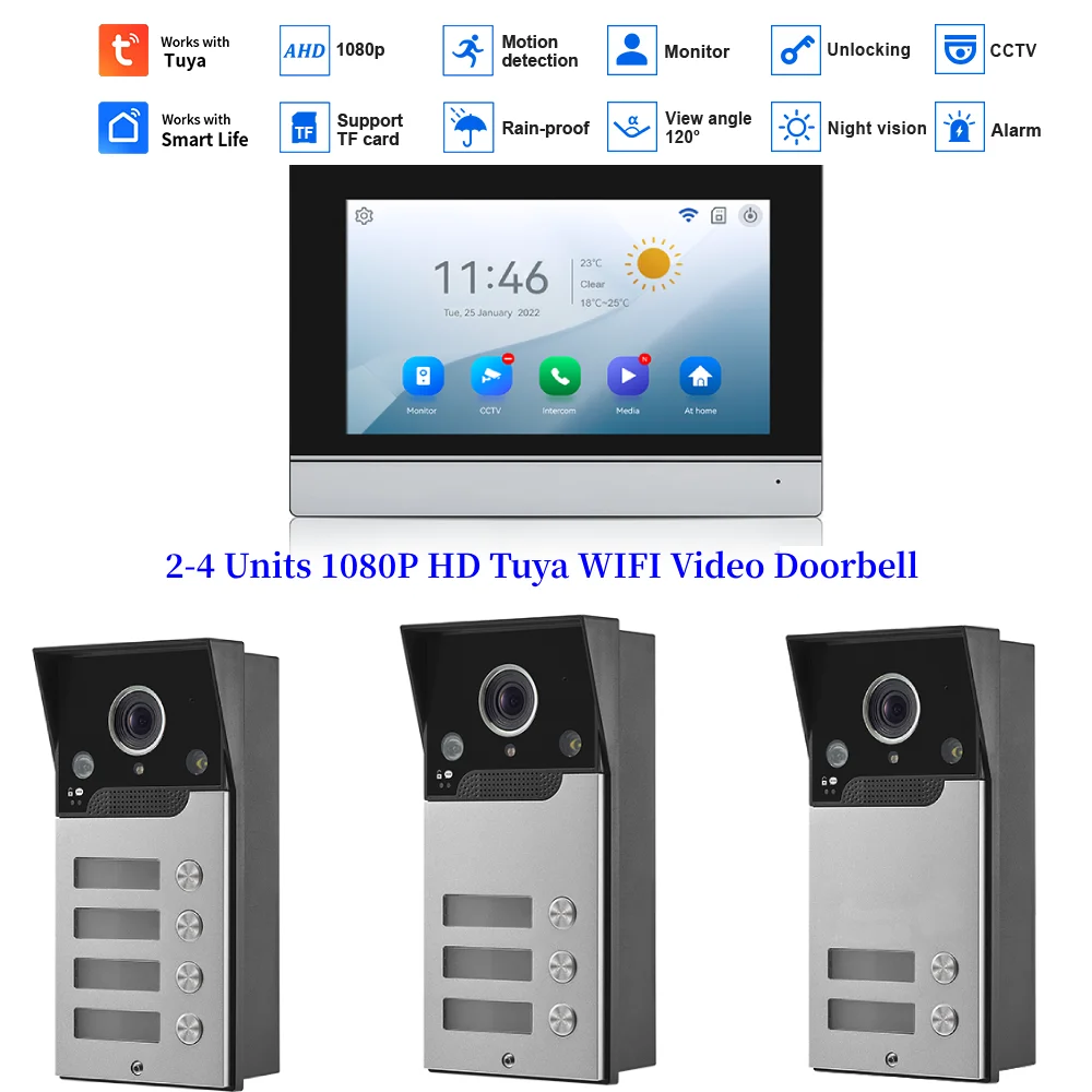 

Tuya Wi-Fi 7-дюймовый видеодомофон для домашнего сенсорного монитора 2-4 единицы камеры ночного видения 1080P проводной видеодомофон