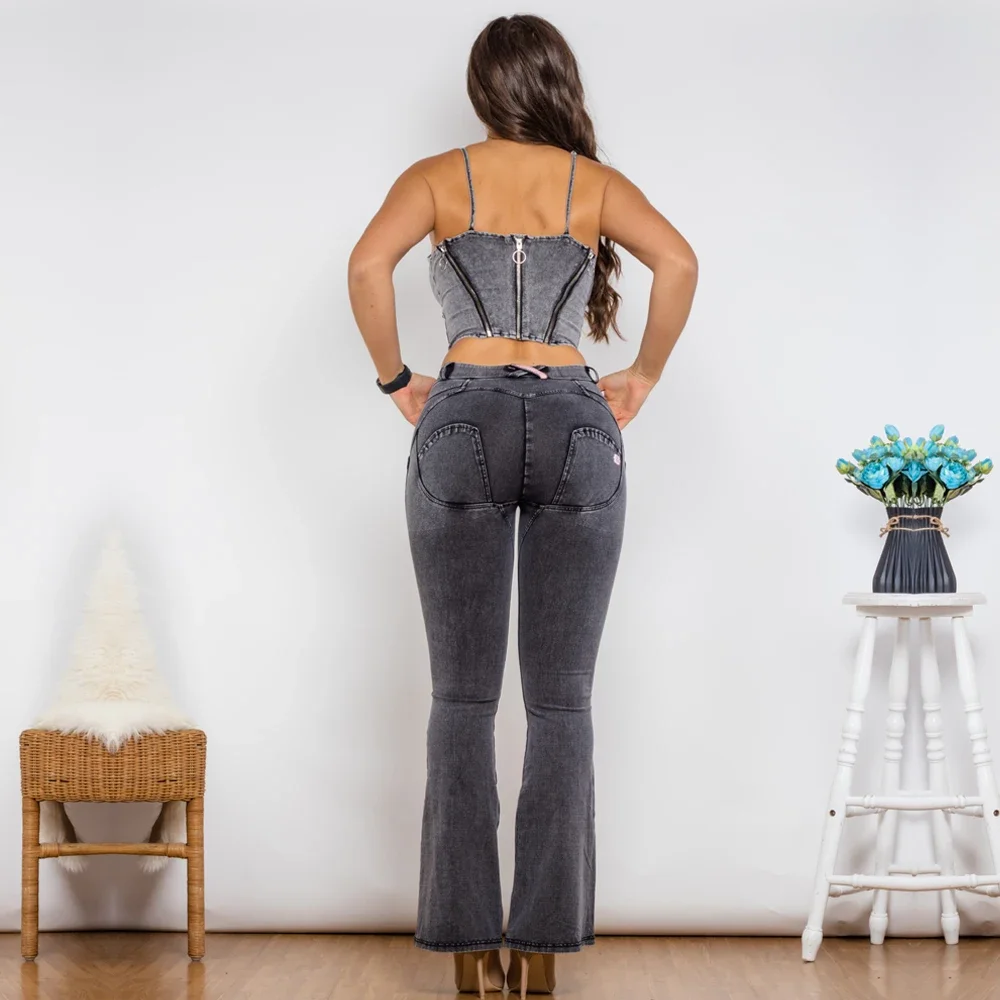 Shascullfites Melody Shaper Set Mid Waist Dark Push Up Jeans Grey Flare Jeans Scrunch Bum Flare Pants Set 2 Pieces Set