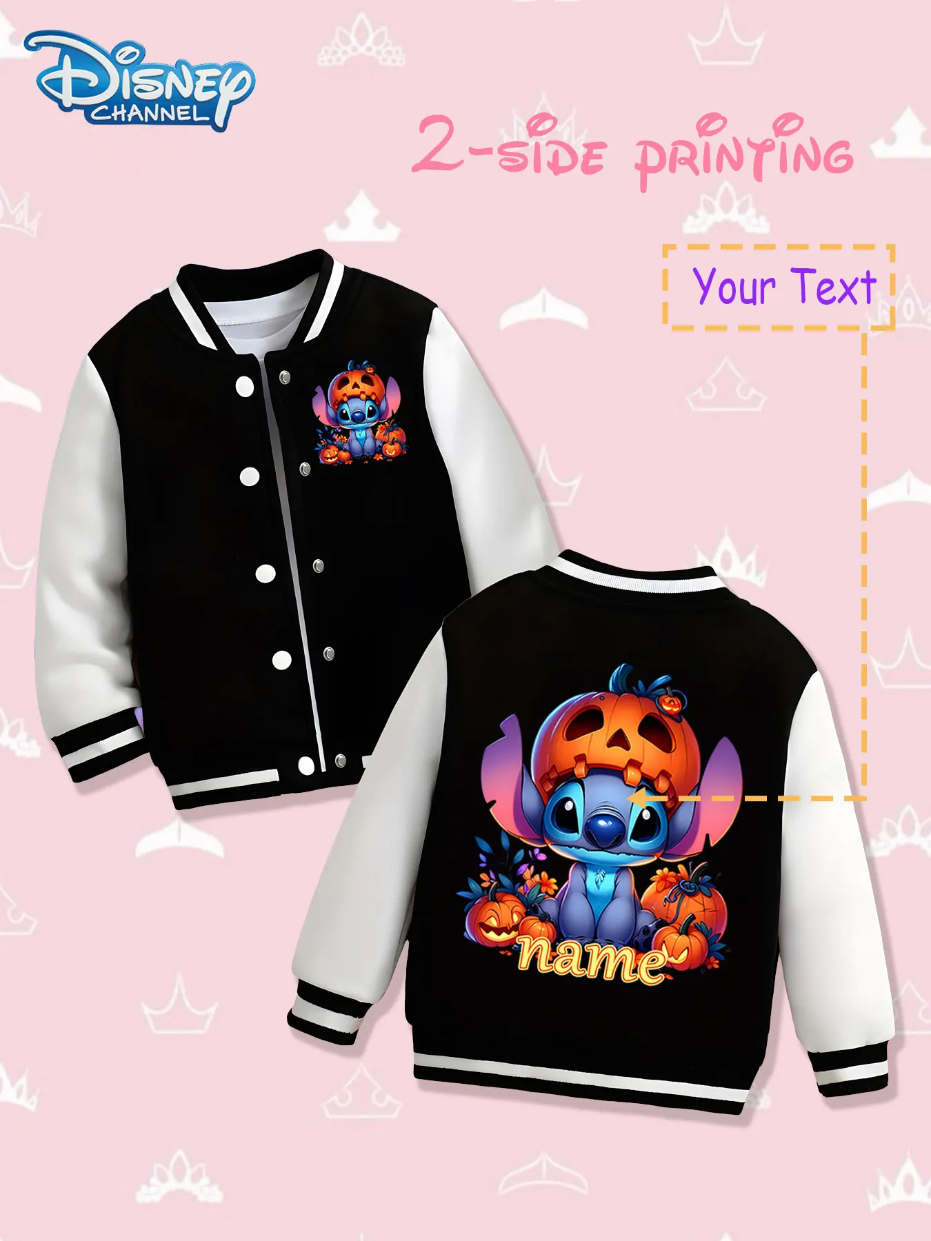 

MINISO Disney Halloween Pumpkin Stitch Girls Baseball Jacket - Double-sided cute print, warm and festive in autumn and winter, s