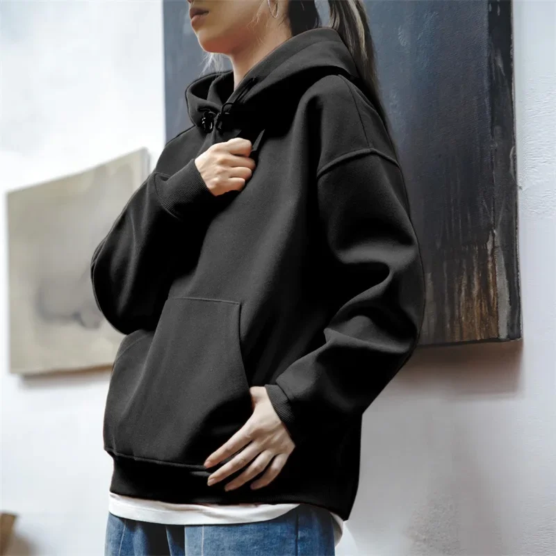 Maden Autumn and Winter Thickened Hooded Sweatshirt for Women Loose Long-sleeved Kangaroo Pocket Hoodies Basic Pullover Unisex