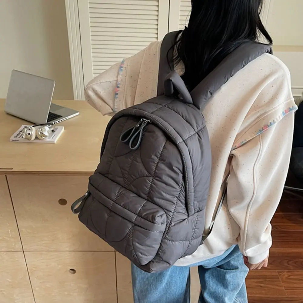 Solid Color Padded Coat Backpack Nylon Cloud Space Cotton Shoulder Bag Pleated Large Capacity Student Schoolbag Lady/Girls