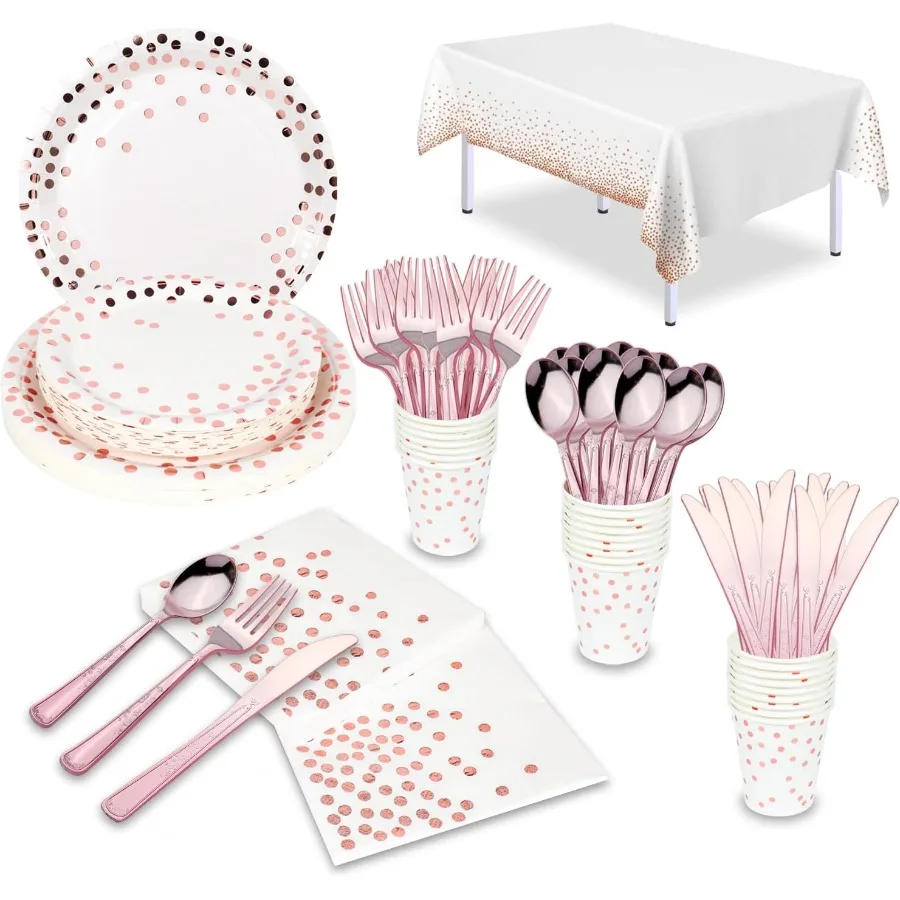 

176 Pieces Rose Gold Disposable Party Dinnerware Set for Elegant Celebrations: Includes White Paper Plates Gold Dot Napkins Cup