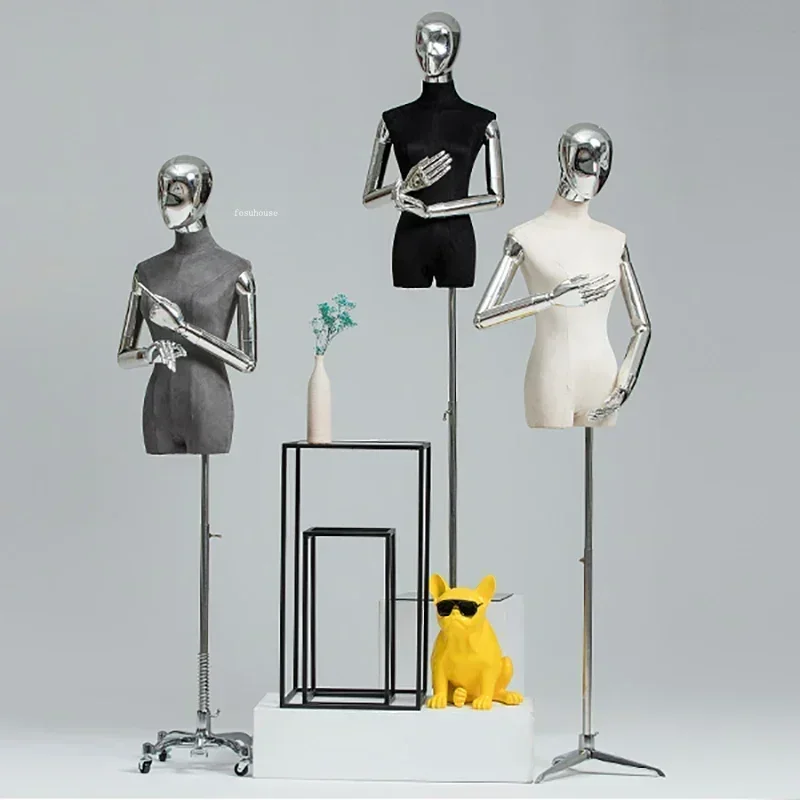 High End Dress Form Cloth Cover Female Bust Mannequin with Galvanized Head and Hand Iron Frame for Window Clothing Display Shelf