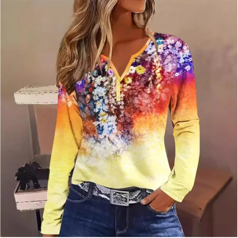 

4 Colors Floral Printed Long Sleeved V-neck Button T-shirt Women's Casual Comfortable Autumn Top Clothes