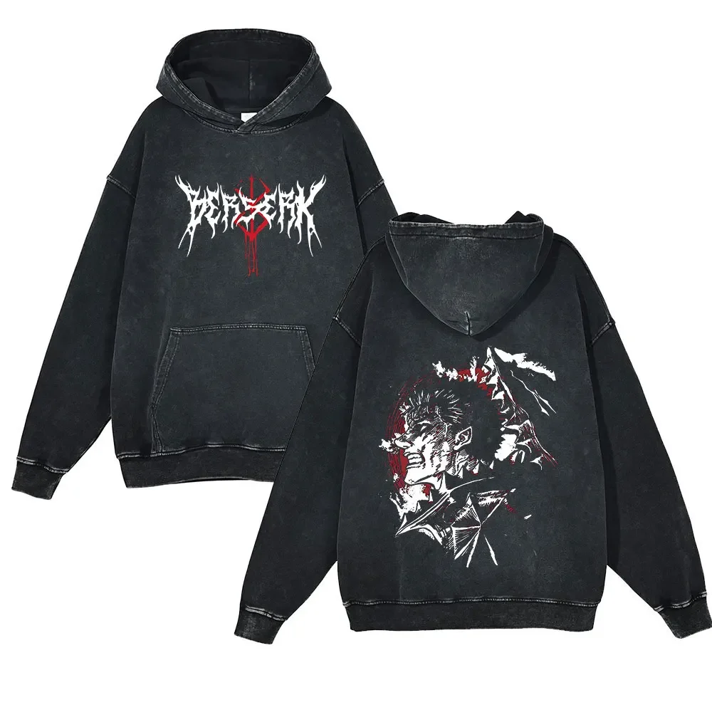 

Anime Berserk Retro Washed Hoodies 100% Cotton Tops Black Acid Vintage Y2K Hooded Sweatshirts Oversize Hip Hop Male Pullover