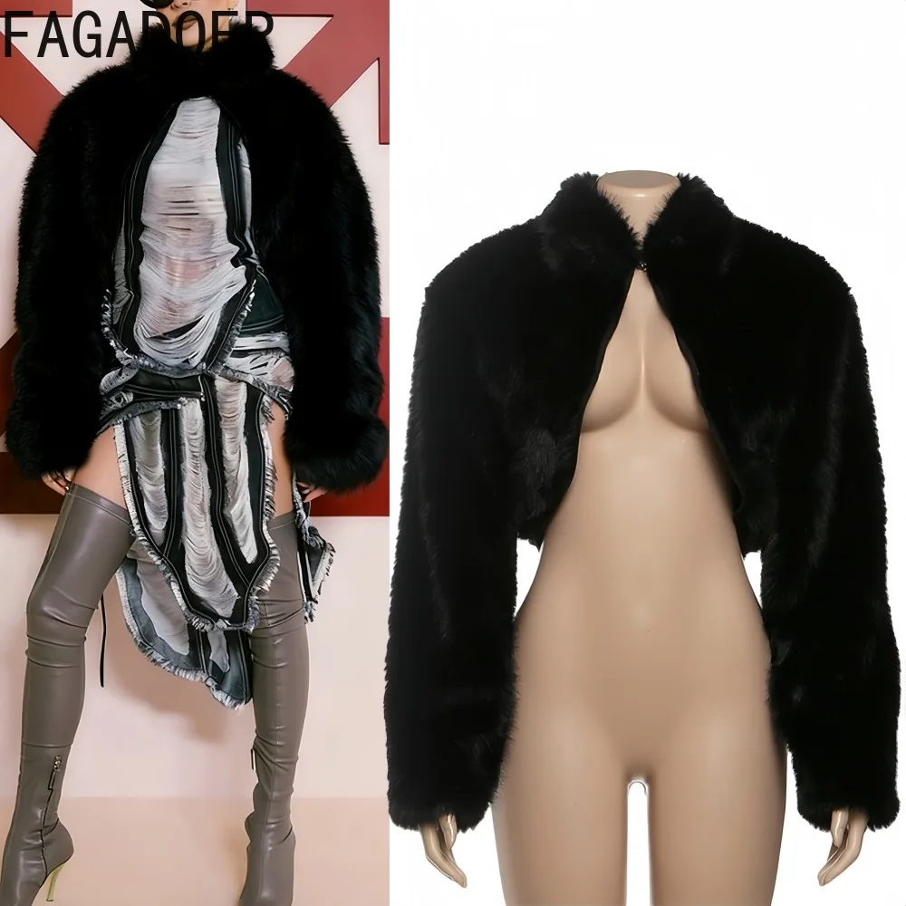 

FAGADOER панк модная меховая лоскутная облегающая куртка женская однотонная пальто на молнии с длинными рукавами женская уличная одежда 2025