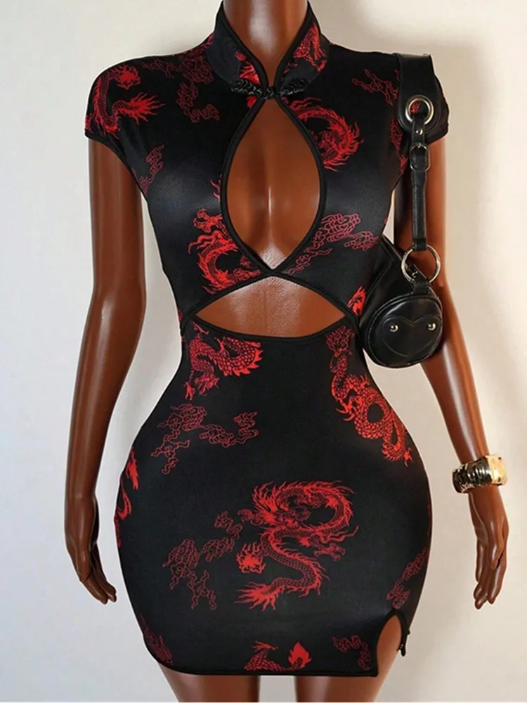 

SKMY Summer Fashion Hipster Streetwear Chinese Style Dragon Printed Short Sleeved Cheongsam Dress Women Clothing Short Dresses
