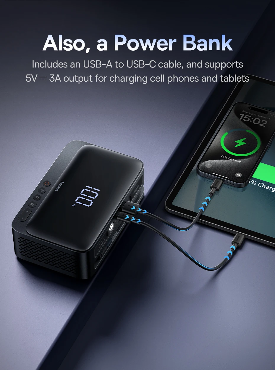Baseus 4-in-1 Starthilfegerät 600A, Auto-Starthilfe, Powerbank, Multifunktions-Luftpumpe für Autobatterie, Reifenfüller – Detail 15