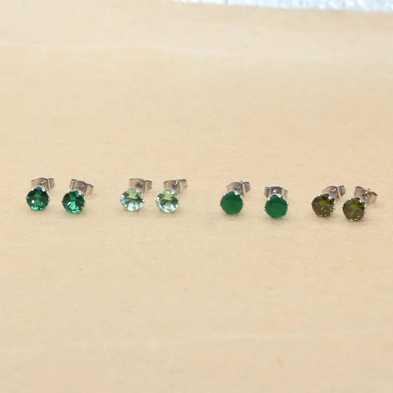 Brief Vintage Style 6mm Green Stone Stud Earrings Jewelry With 316 L Stainless Steel For Unisex Anti Allergy