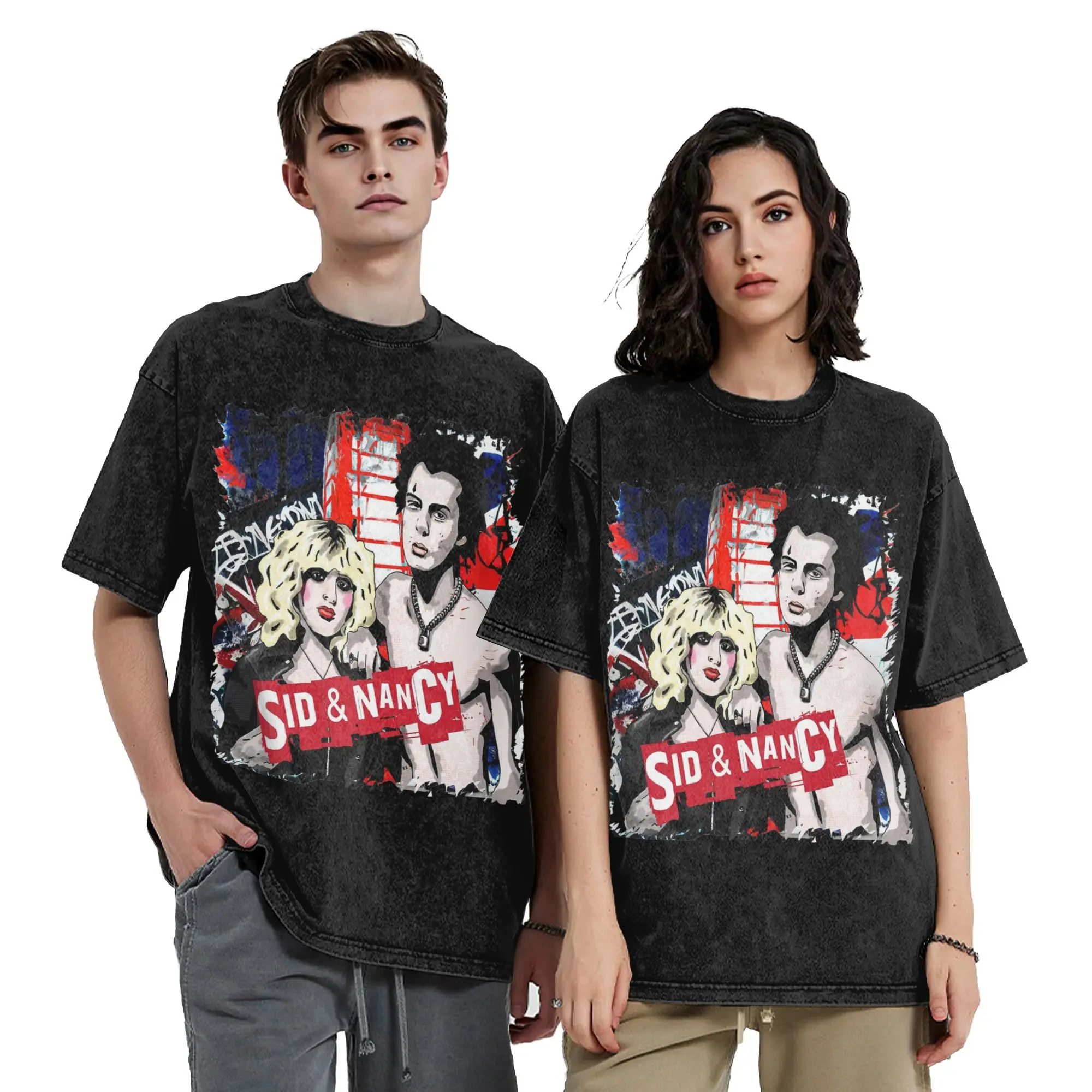 Print Punk Rock Sid Vicious and Nancy Vintage Washed T Shirt Men Cotton Short Sleeve  Round Neck Summer TopsTops