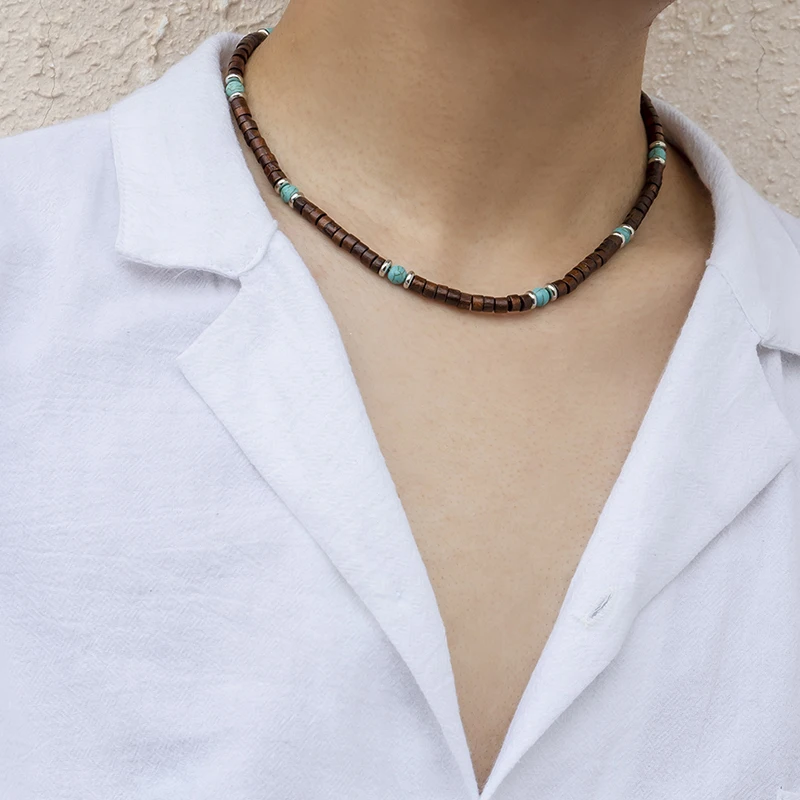 

Men's Fashionable Wood Bead and Coconut Shell Necklace Imitation Turquoise Soft Clay Beads Trendy Minimalist Layering Choker