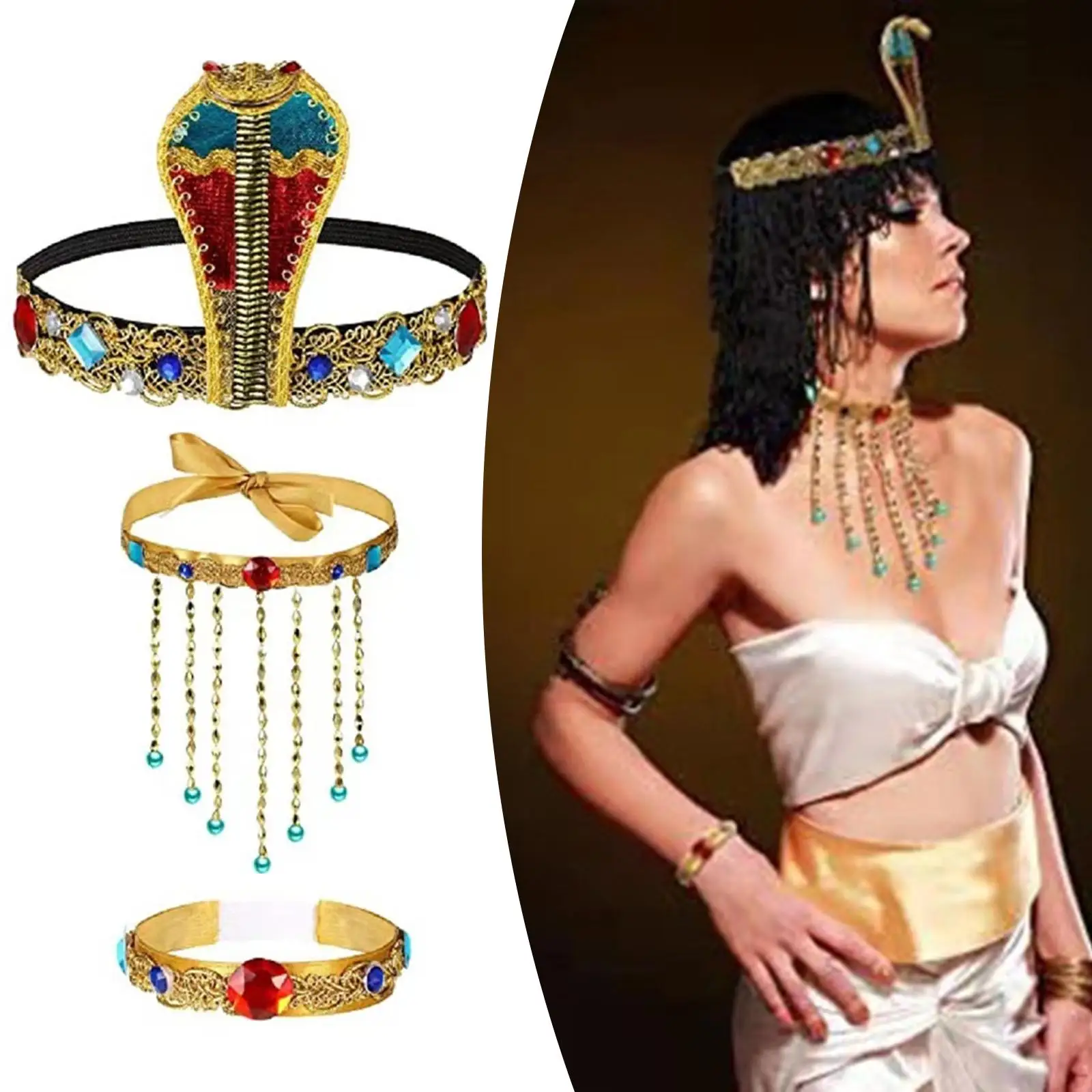 Costume égyptien 3 pièces pour femmes, bandeau perlé serpent pour fête mascarade