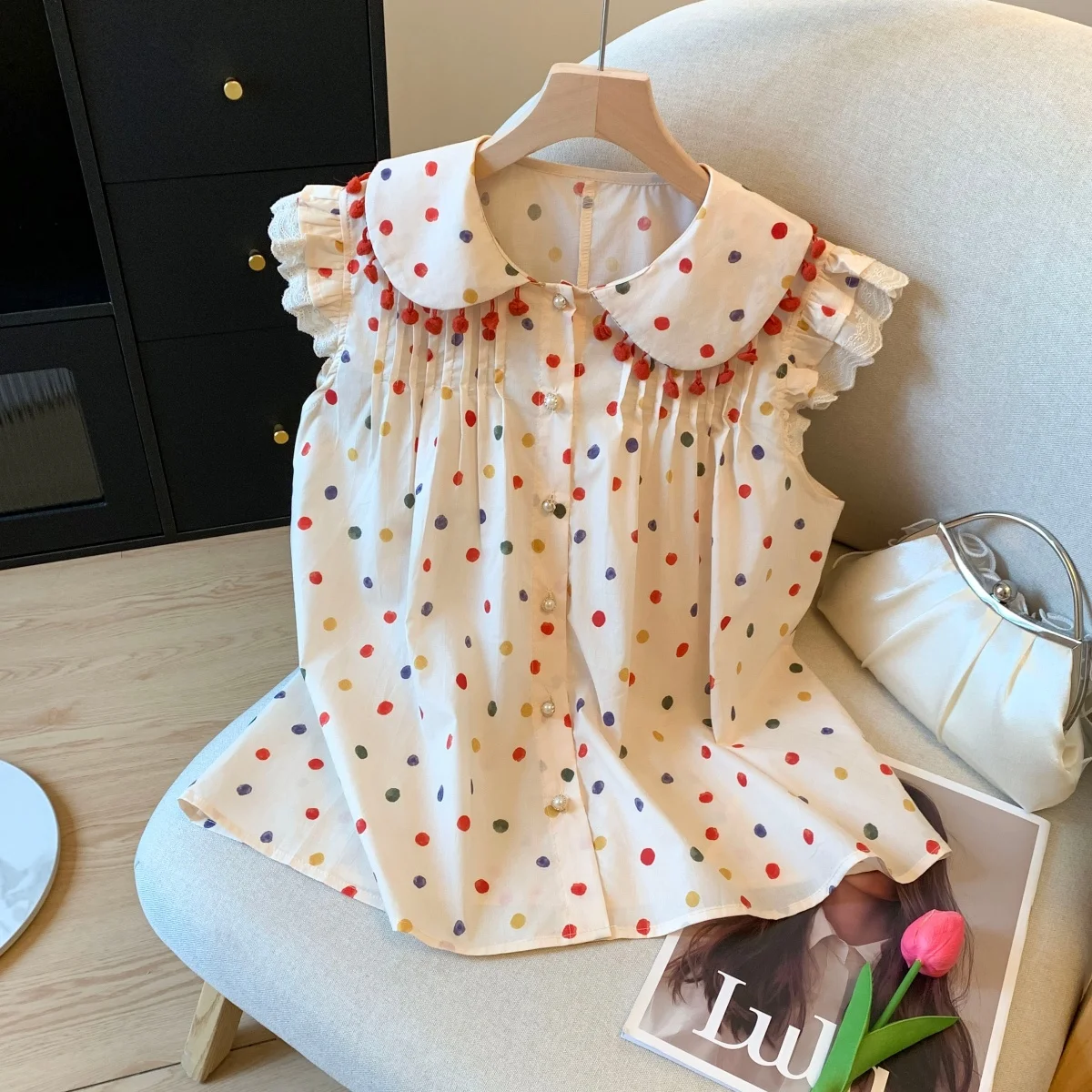 

Sweet Polka Dot Doll Collar Blouse Women's Summer Design Sleeveless Vest Small Shirt Top Gentle Breeze Fashionable