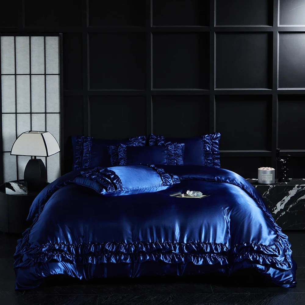 Luxury Satin Double-layered Ruffles Bedding Set Queen Soft Smooth Duvet Cover and Pillowcase Silky Single Double Comforter Cover