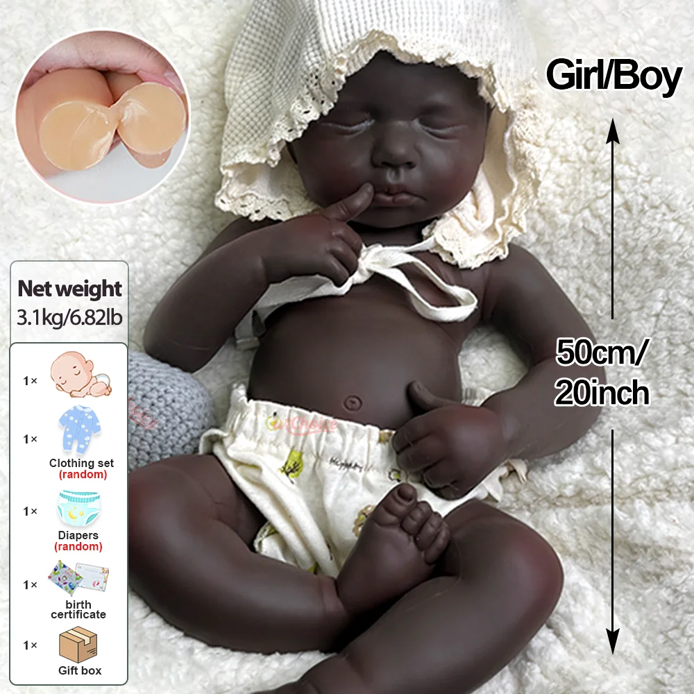 Muñeca bebé renacida de silicona realista de 20 pulgadas, color negro, hecha a mano, con peso, realista, para recién nacidos, regalo coleccionable, muñeca durmiente.