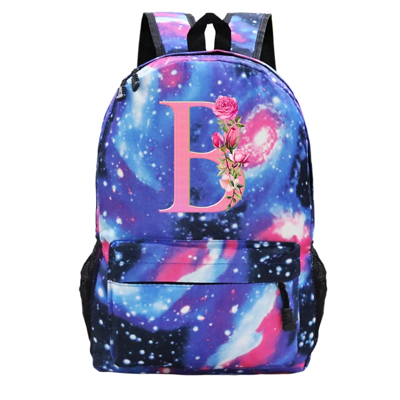 Starry Sky Fashion Students Backpack Pink Flower English Alphabet School Bags for Teenage Girls Galaxy Laptop Shouder Backpack