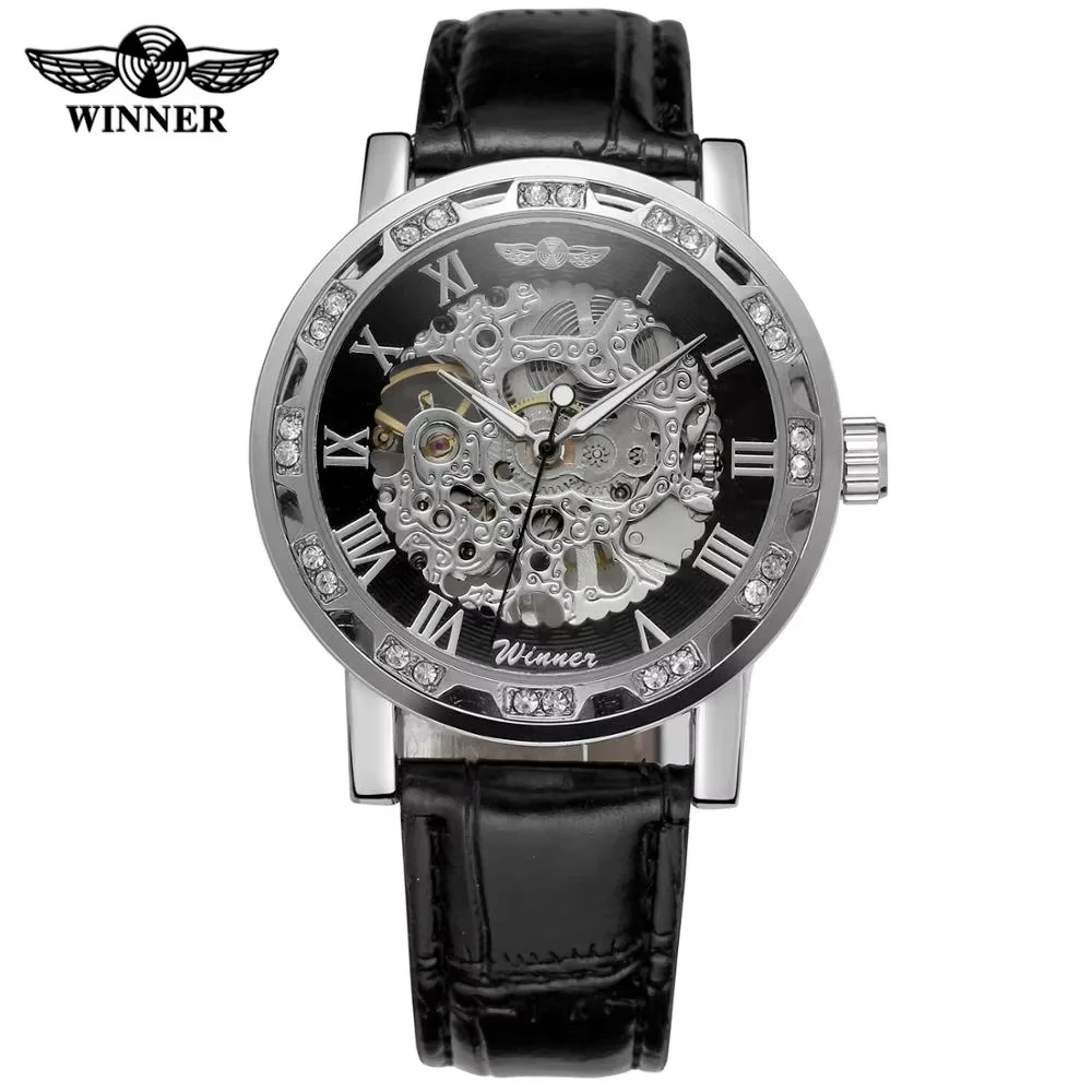 

ПОБЕДИТЕЛЬ Модные мужские и женские наручные часы с бриллиантовым полым циферблатом, серебряным корпусом, кожаным ремешком, автоматические механические наручные часы