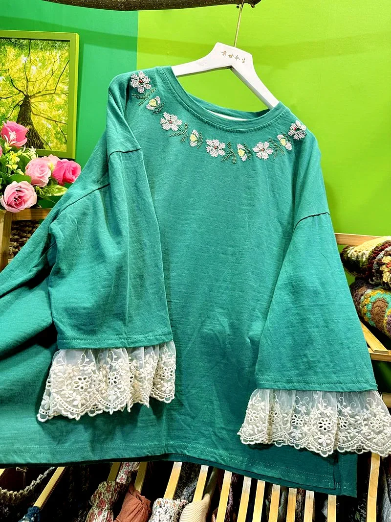 Women Cotton Floral Embroidery Patchwork Loose Lace Oversized T-shirt Summer Vintage Shabby Retro Chic Sweet Cottagecore Tops