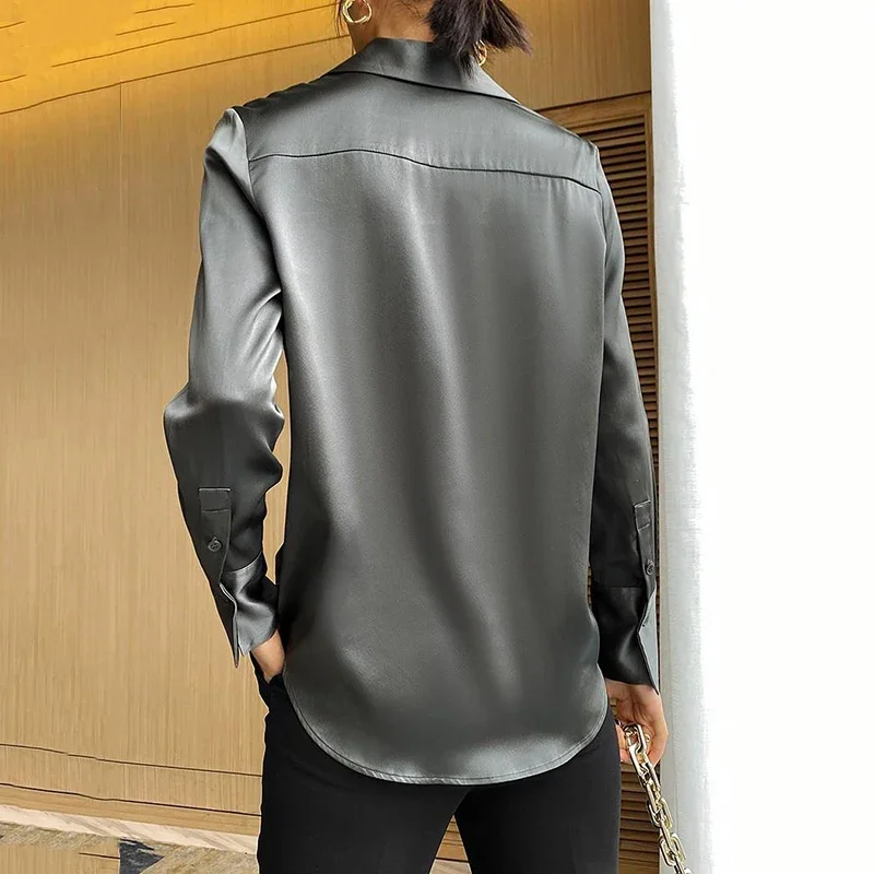 เสื้อซาตินแขนยาวแฟชั่น2024 rimocy เสื้อเชิ้ตผ้าไหมเทียมกระดุมแถวเดียวทรงหลวมปกเสื้อผู้หญิงสีล้วน